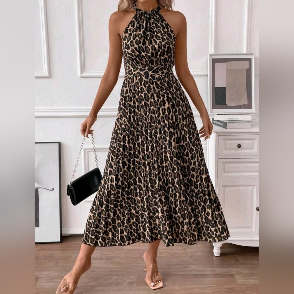 New Chic Strappy Halter Leopard Print Dress Pleated Sleeveless Tan Brown Black - Picture 4 of 8